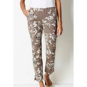 J. Jill Pants Womens 12 Premium Bi Stretch Tan Cream Floral Mid Rise Ankle BF